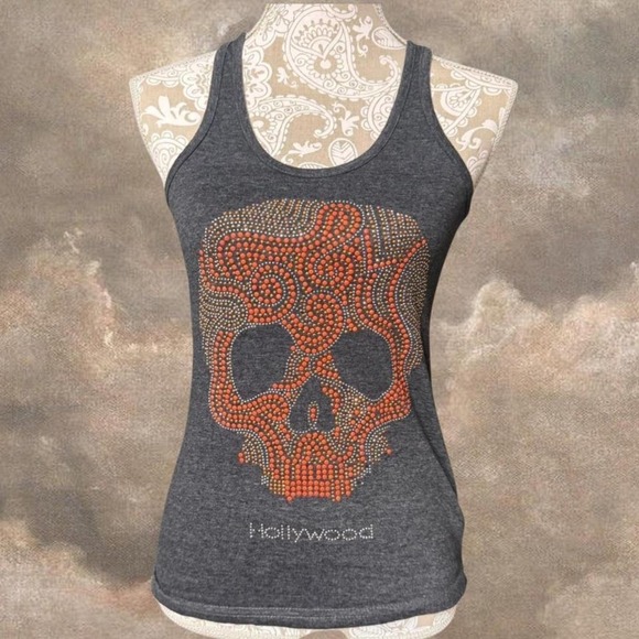 Hollywood Skull Rhinestone Tank Top Gray Racerback Rock Graphic Tee M - Picture 1 of 5